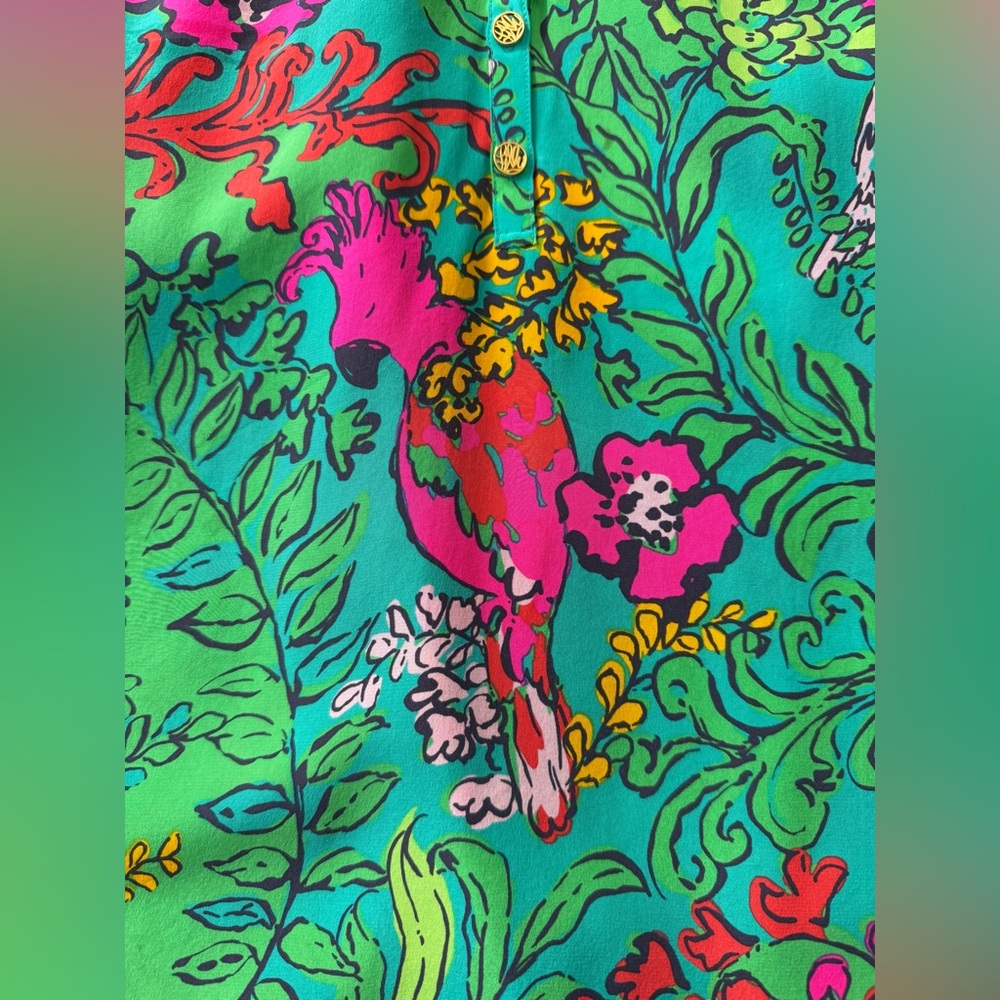 Lilly Pulitzer Elsa Silk Top Shake Your Tailfeather Pink Green Gold Size Small S - Picture 6 of 8